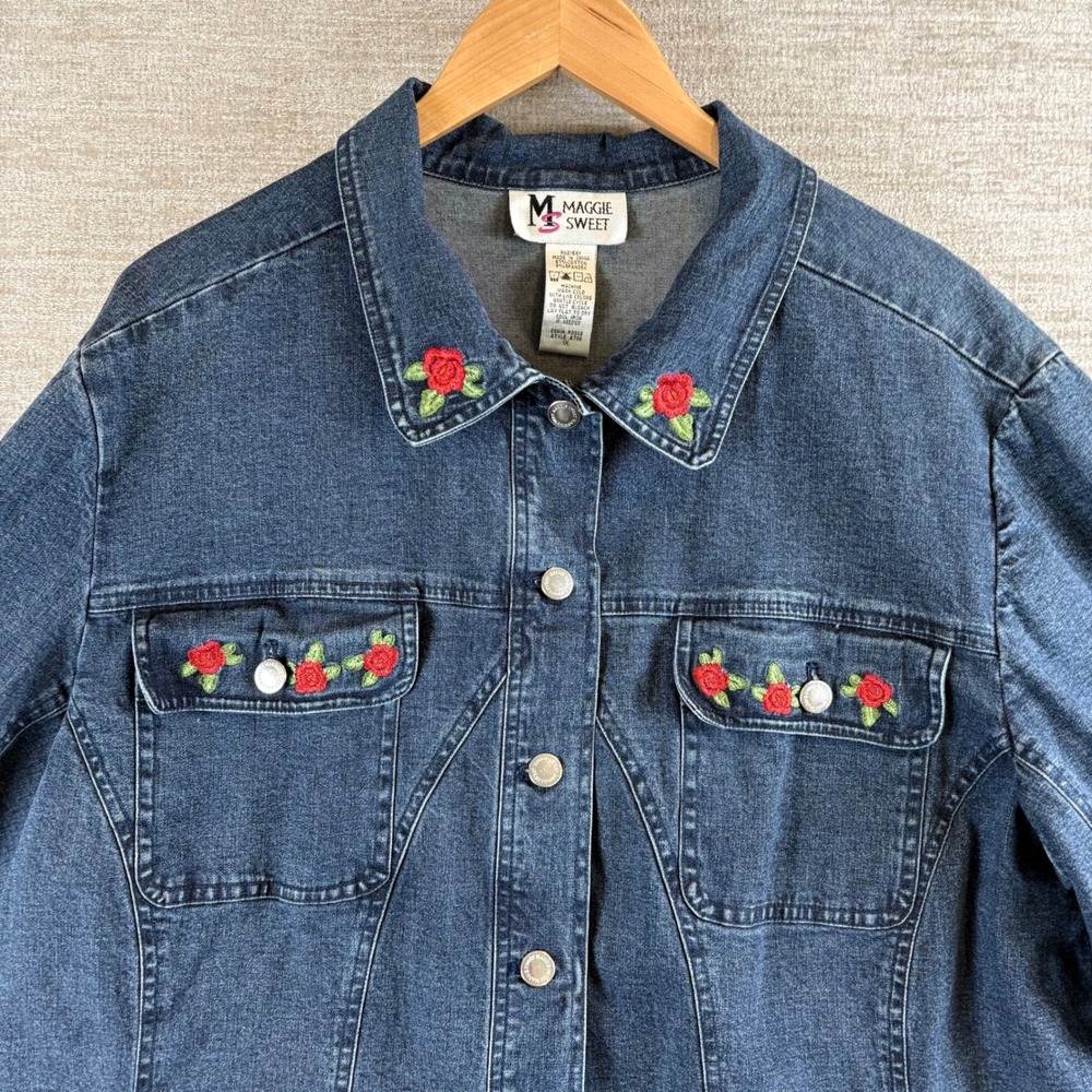 Vintage Maggie Sweet Denim Embroidered Jacket Women 1X Rose Cottagecore Boho EUC